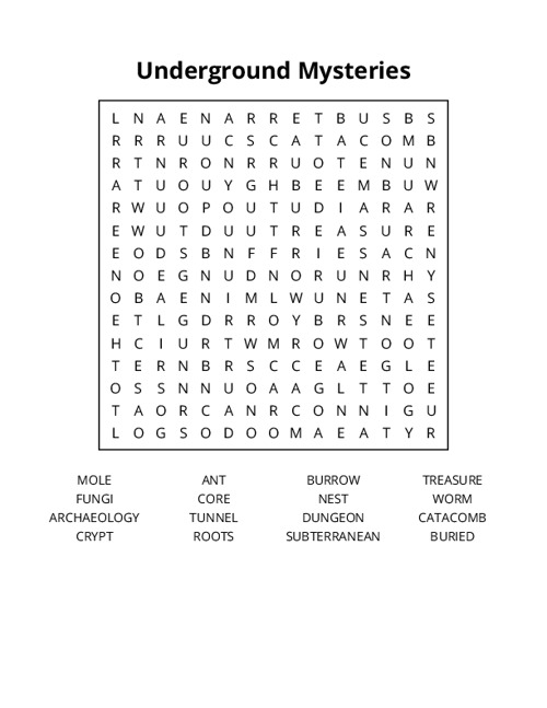 Underground Mysteries Word Search Puzzle