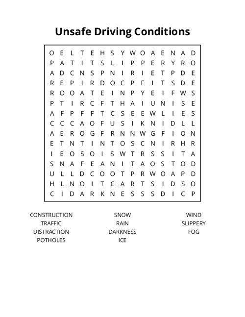 Unsafe Driving Conditions Word Search Puzzle