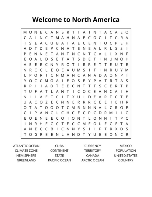 Welcome to North America Word Search Puzzle