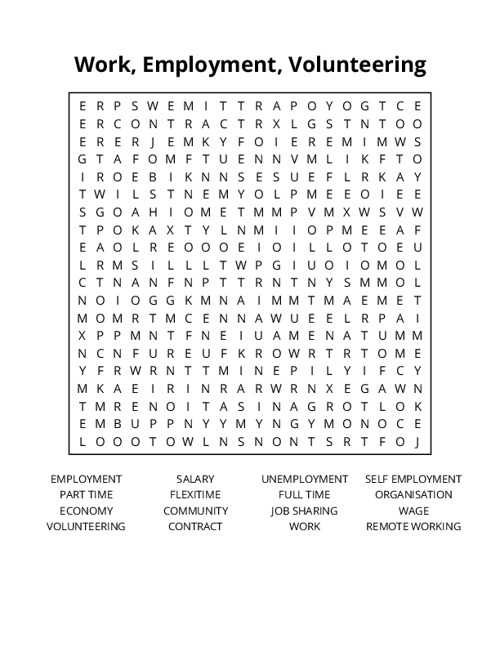 Work, Employment, Volunteering Word Search Puzzle