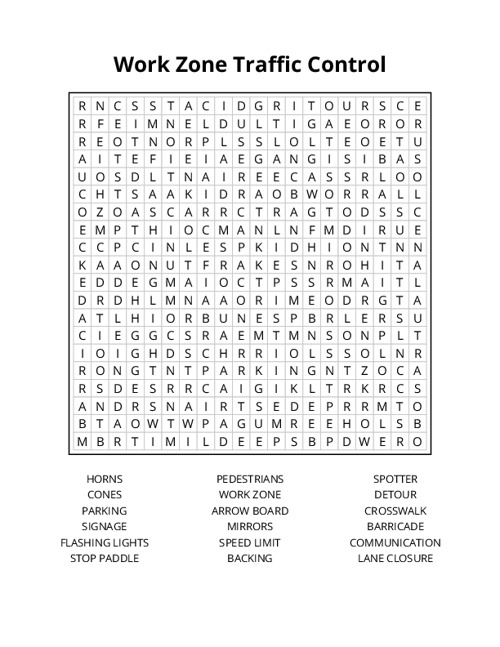 Work Zone Traffic Control Word Search Puzzle