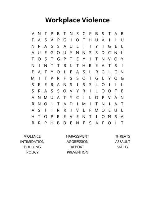 Workplace Violence Word Search Puzzle