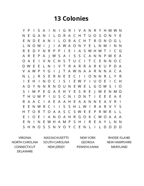13 Colonies Word Search Puzzle
