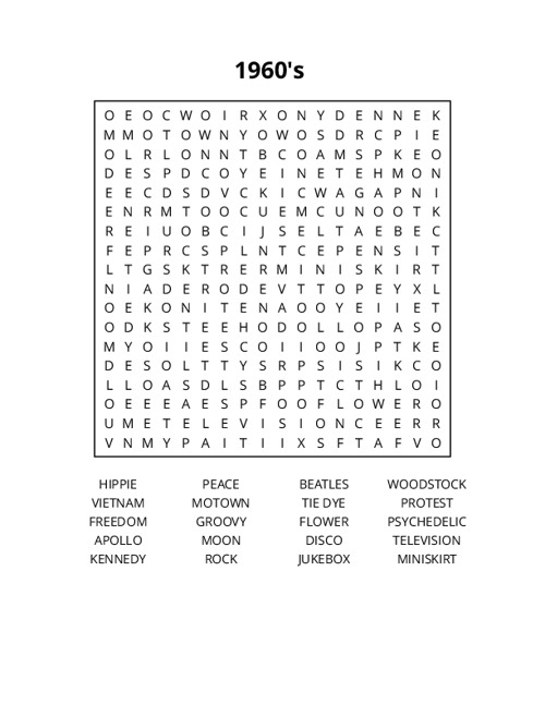 1960's Word Search Puzzle