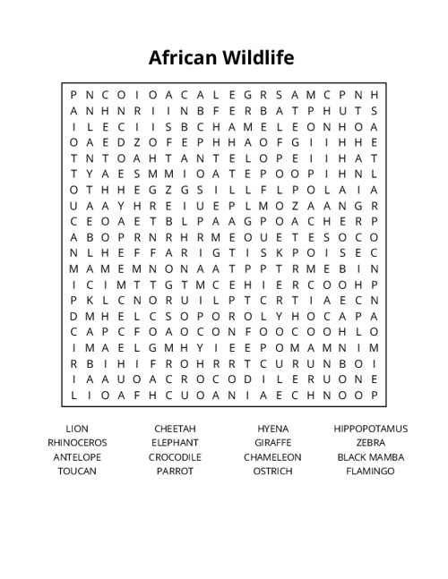 African Wildlife  Word Search Puzzle