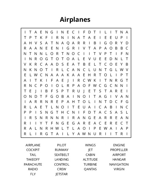 Airplanes Word Search Puzzle