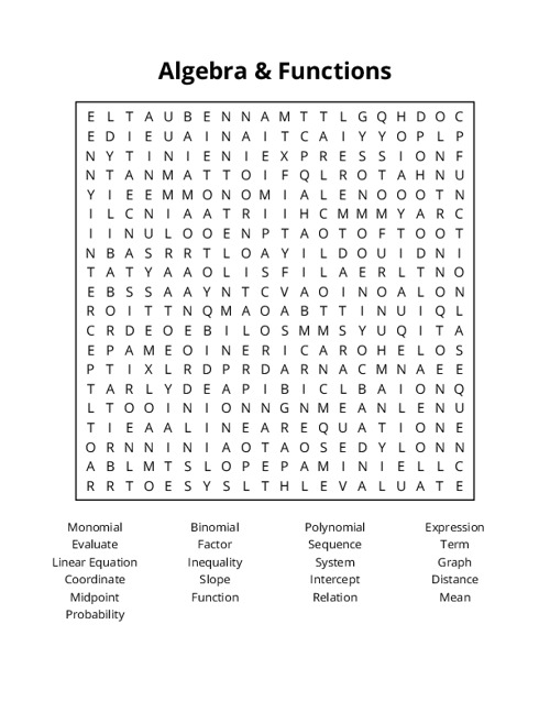 Algebra & Functions Word Search Puzzle