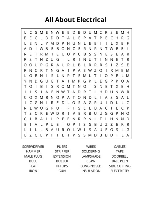 All About Electrical Word Search Puzzle