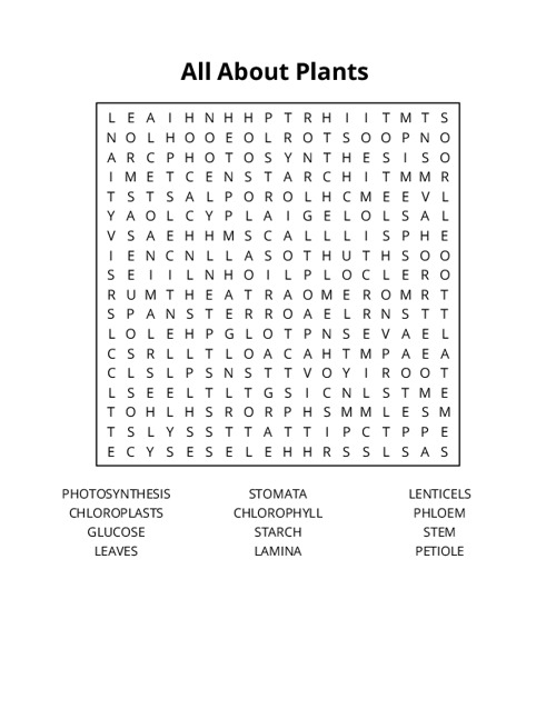 All About Plants Word Search Puzzle