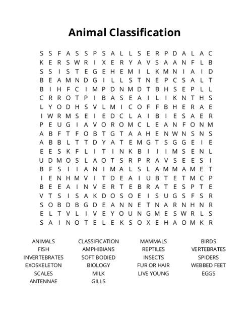 Animal Classification Word Search Puzzle