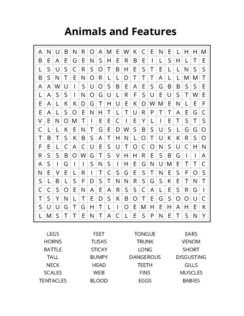 Animals and Features Word Search Puzzle