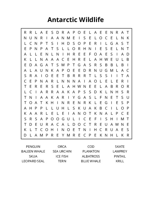 Antarctic Wildlife  Word Search Puzzle