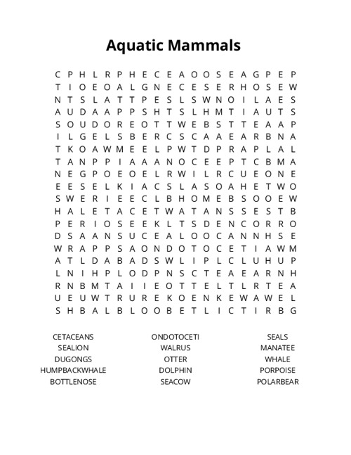 Aquatic Mammals  Word Search Puzzle
