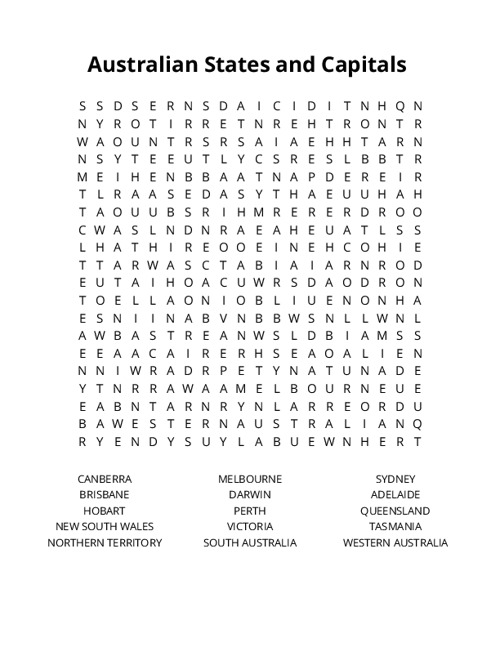 Australian States and Capitals Word Search Puzzle