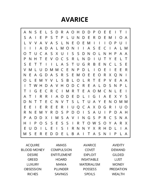 AVARICE Word Search Puzzle