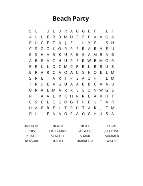 Beach Party Word Search Puzzle