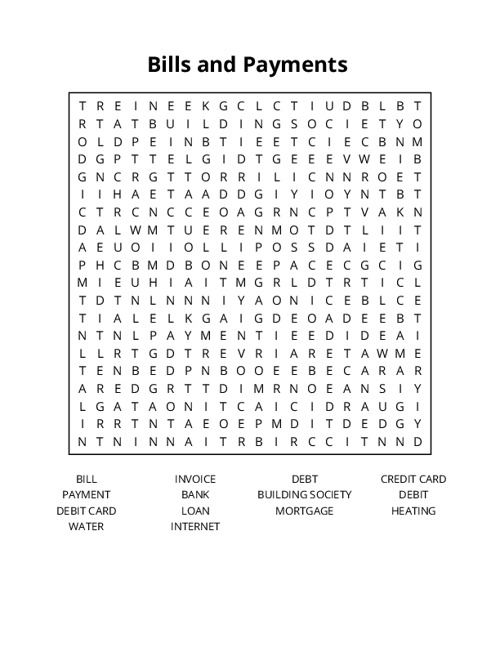 Bills and Payments Word Search Puzzle