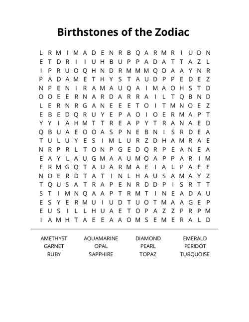Birthstones of the Zodiac  Word Search Puzzle