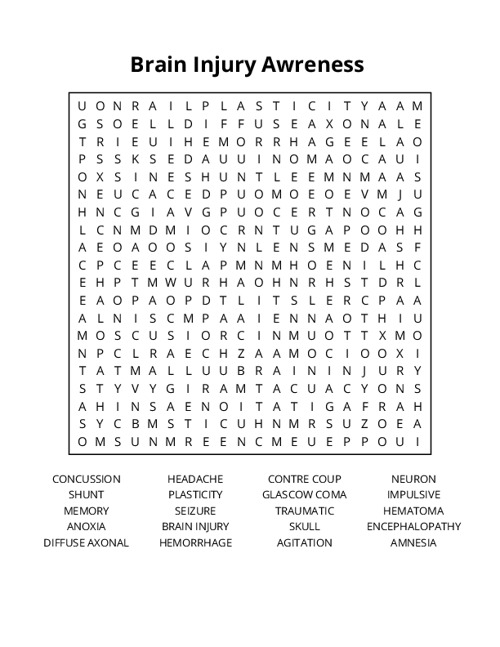 Brain Injury Awreness Word Search Puzzle