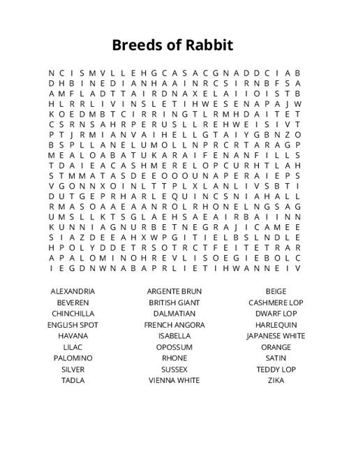 Breeds of Rabbit  Word Search Puzzle