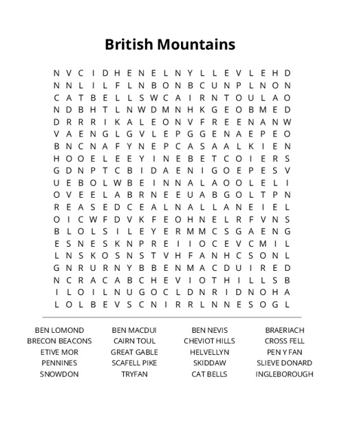 British Mountains Crossword Puzzle