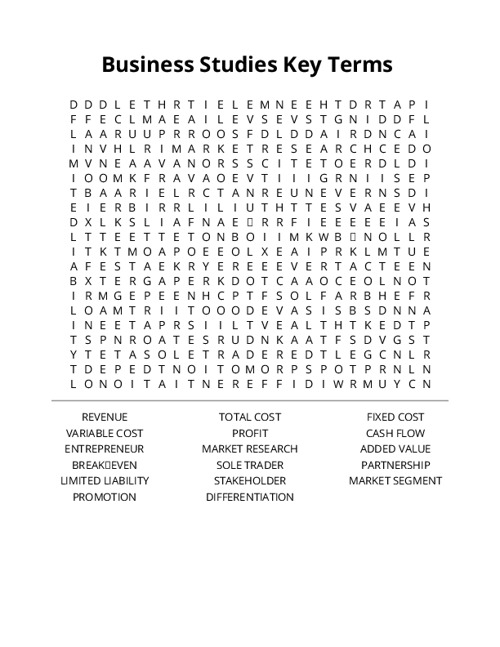 Business Studies Key Terms Crossword Puzzle
