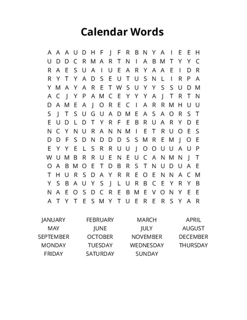 Calendar Words  Word Search Puzzle