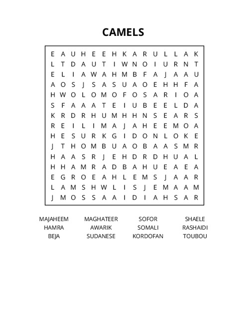 CAMELS  Word Search Puzzle