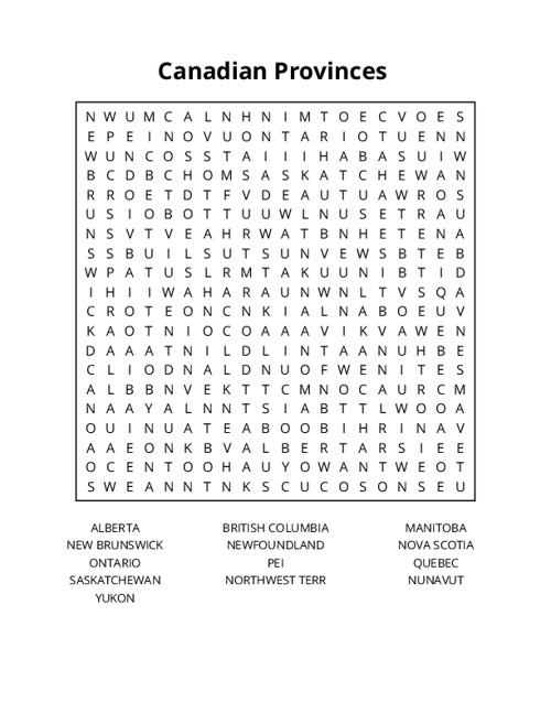 Canadian Provinces Crossword Puzzle