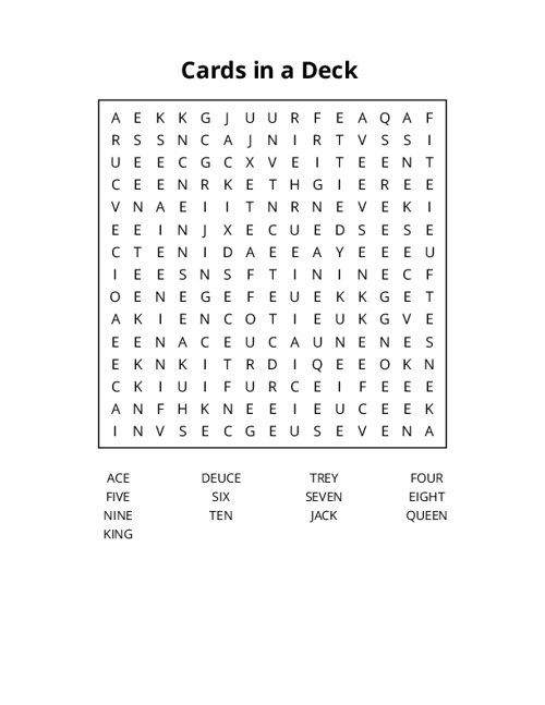 Cards in a Deck Word Search Puzzle