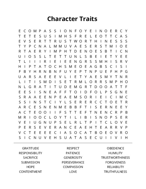 Character Traits Word Search Puzzle