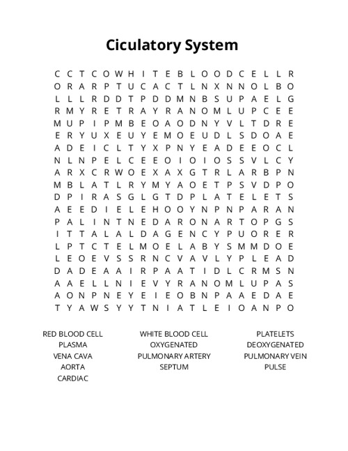 Ciculatory System Crossword Puzzle