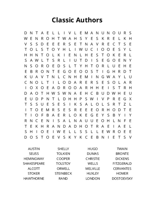 Classic Authors Word Search Puzzle