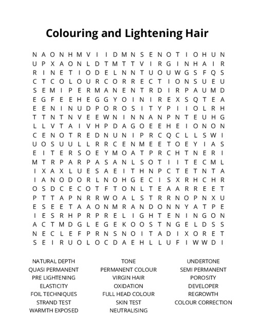 Colouring and Lightening Hair  Word Search Puzzle