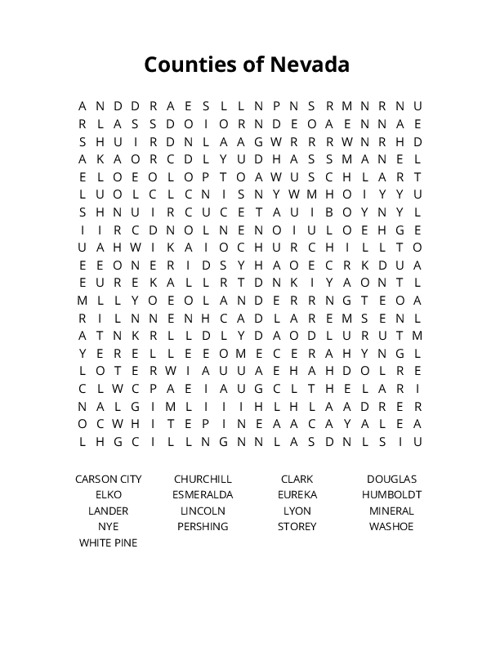 Counties of Nevada Word Search Puzzle