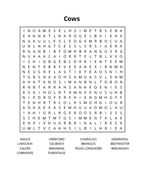 Cows Crossword Puzzle