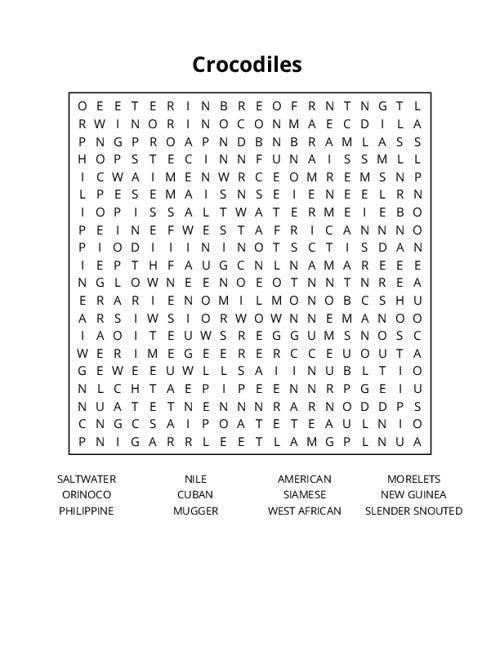 Crocodiles  Word Search Puzzle