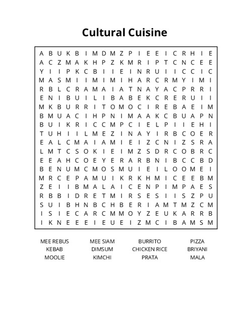 Cultural Cuisine  Word Search Puzzle