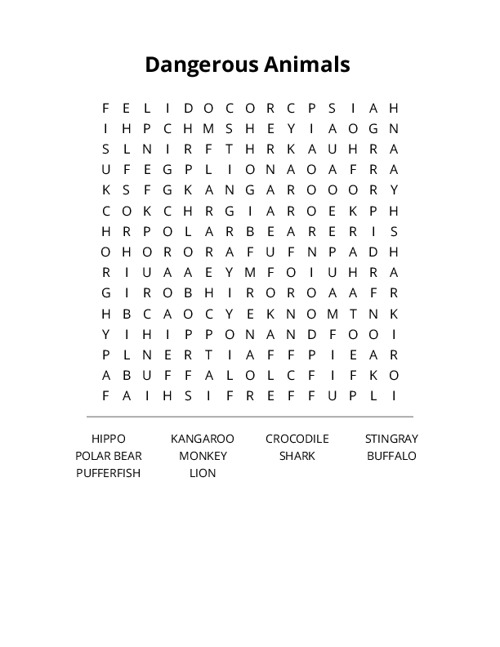 Dangerous Animals Crossword Puzzle