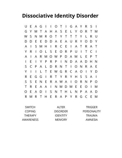 Dissociative Identity Disorder Word Search Puzzle