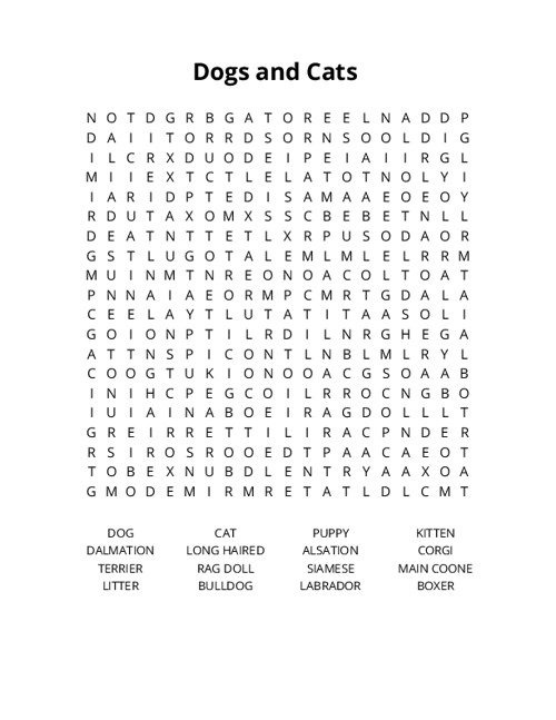 Dogs and Cats Word Search Puzzle