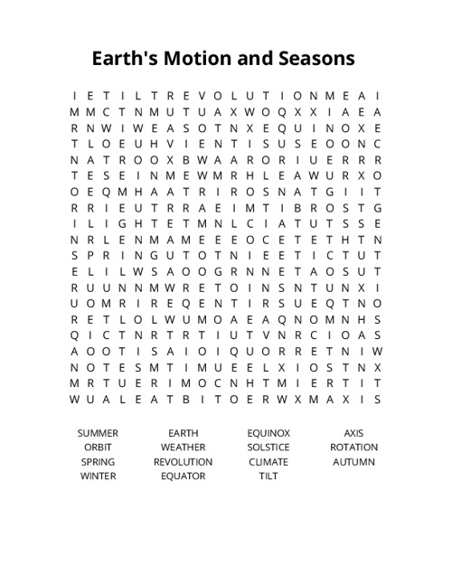 Earths Motion and Seasons Word Search Puzzle