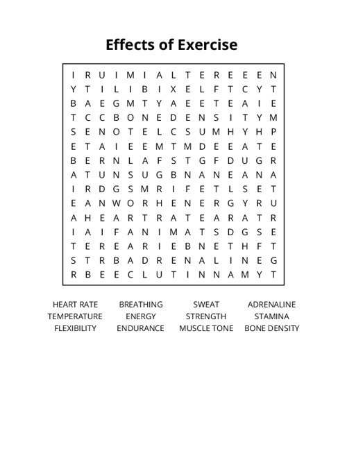 Effects of Exercise Word Search Puzzle