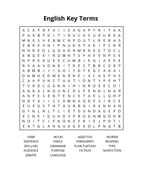 English Key Terms Word Search Puzzle