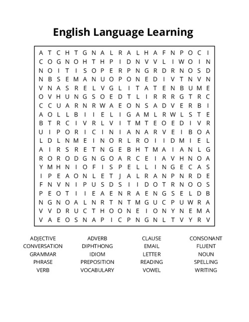 English Language Learning Crossword Puzzle