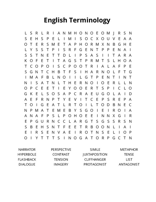 English Terminology Word Search Puzzle