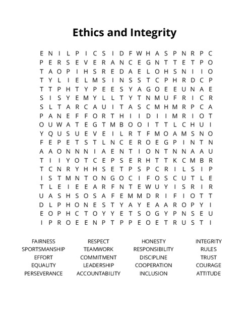 Ethics and Integrity  Word Search Puzzle