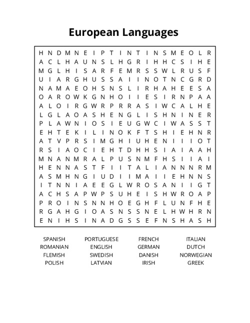 European Languages Word Search Puzzle