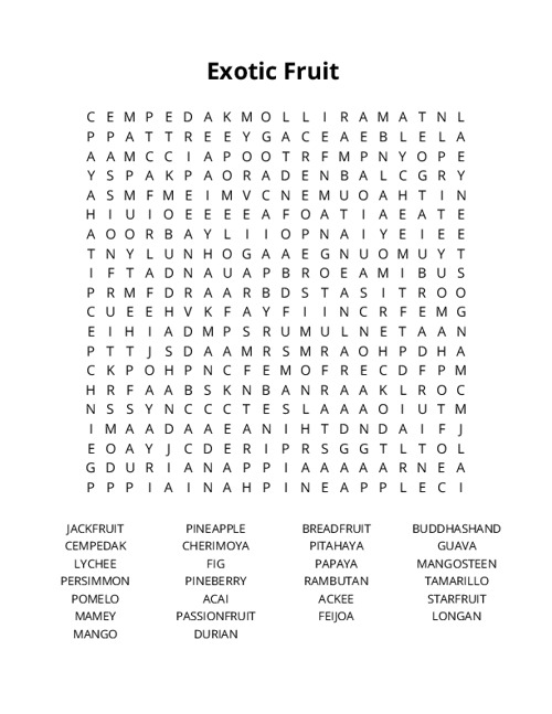 Exotic Fruit Word Search Puzzle