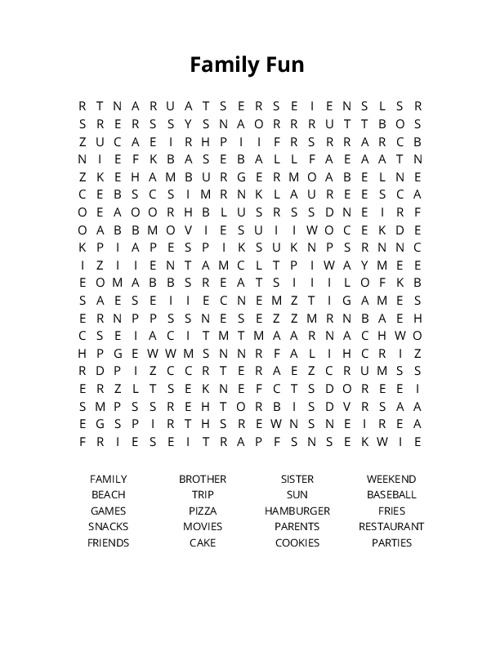 Family Fun Word Search Puzzle